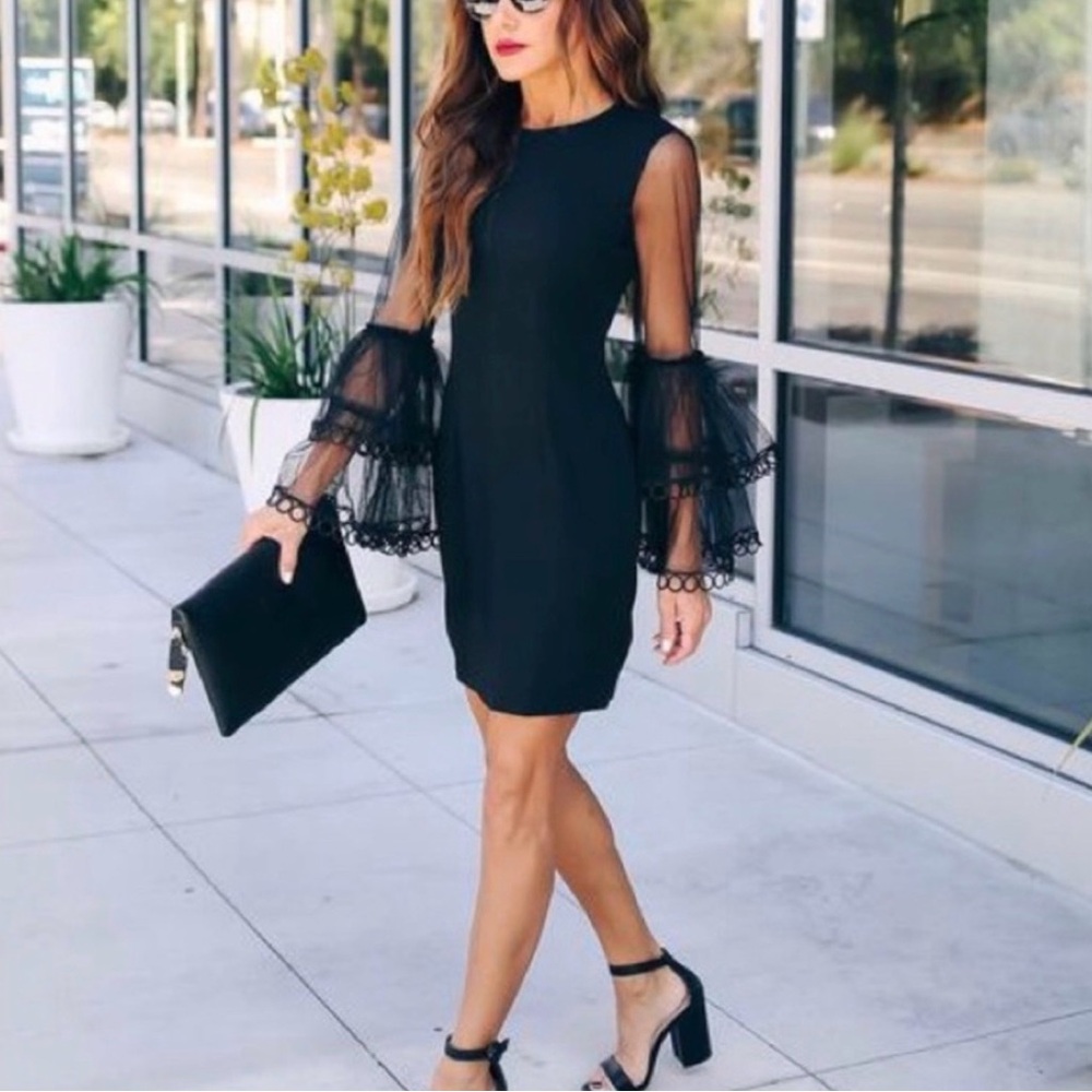 Midnight Doll Black Sheer Bell Sleeve Cocktail Dress Size XS